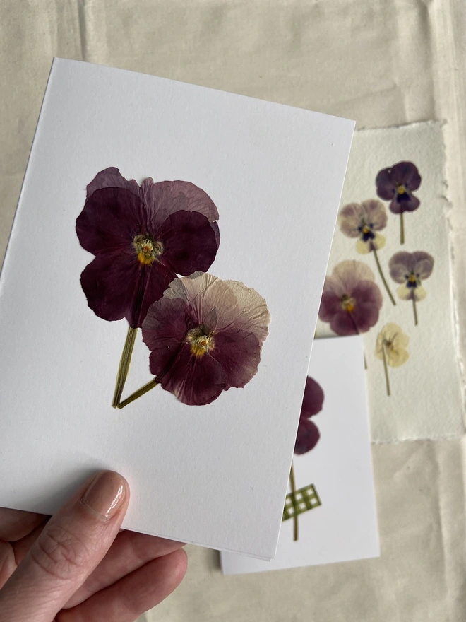 Hand holding pressed pansy flower greeting card