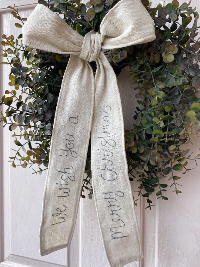 Christmas Embroidered Personalised Wired Linen Ribbon