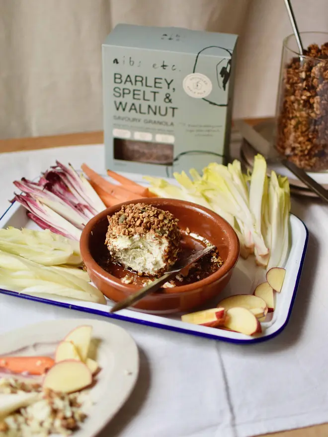 nibs etc. Barley Spelt Walnut savoury Granola crusted Cheese and Crudites Platter