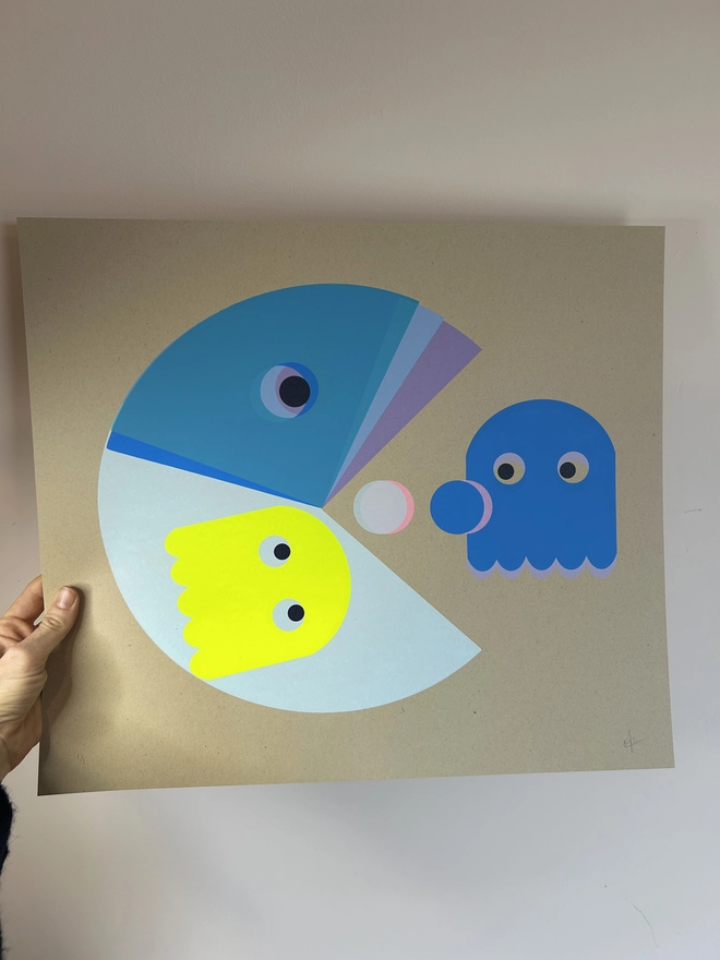Retro Arcade Game Screen Print in Bright Blues and Neon Yellow