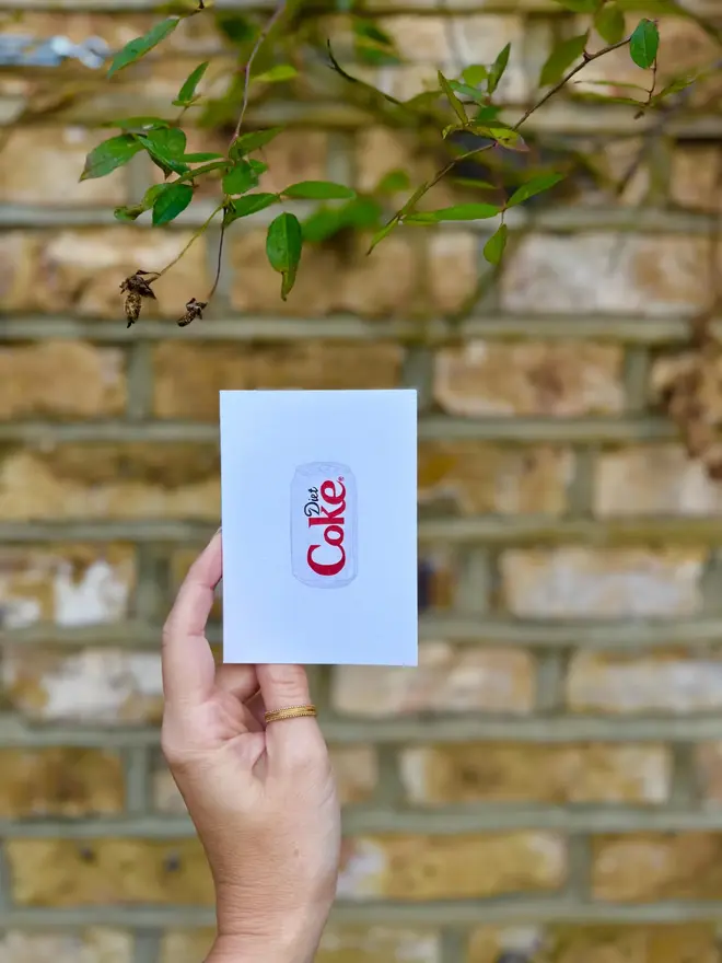 diet coke peanut butter and ice cream mini cards (pack of 3). diet coke card photographed against brick wall background.