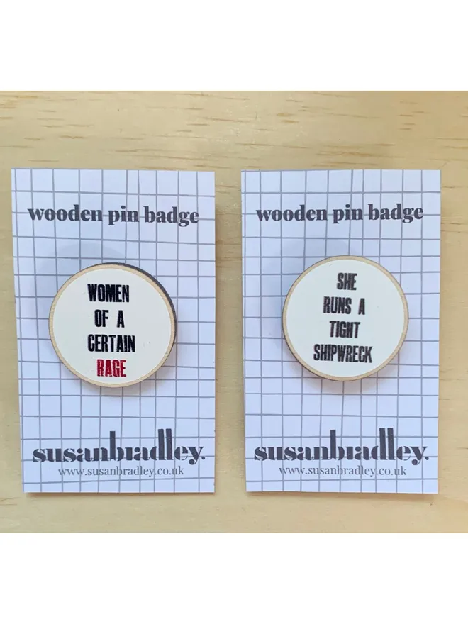 wooden feminist pin badge susan bradley