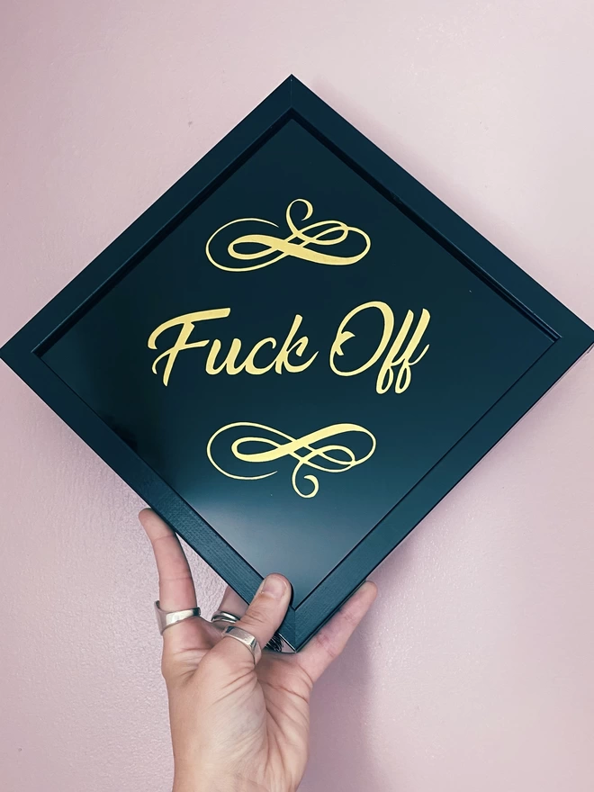 fuck off sign, glass, gold, hand painted, gilded