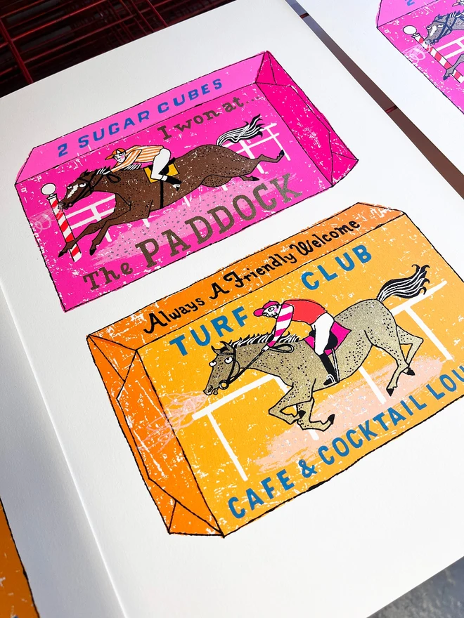 Two Horse Race Horse Sugar Cubes Screenprint, a pair of colourful sugar cube designs on a white screenprint. 
