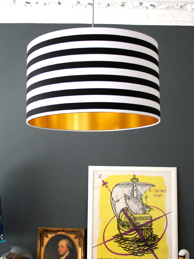 Monochrome Striped Black and White Striped Lampshade with Gold Lining