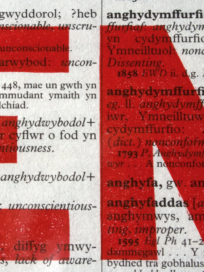 Welsh letterpress poster art on dictionary paper