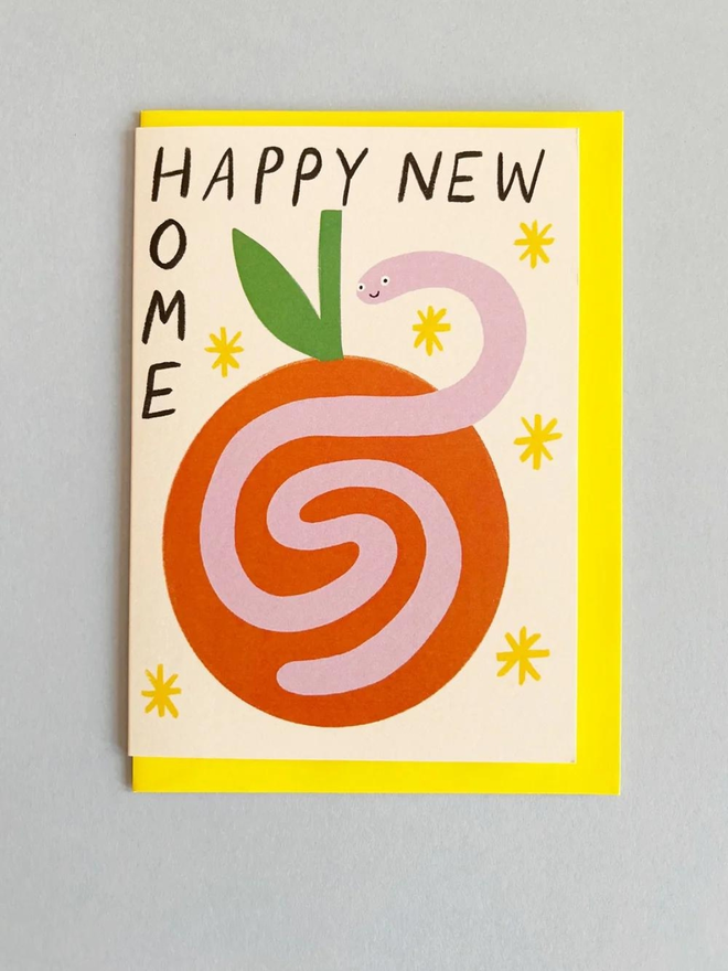 worm in an apple new home illustrated card