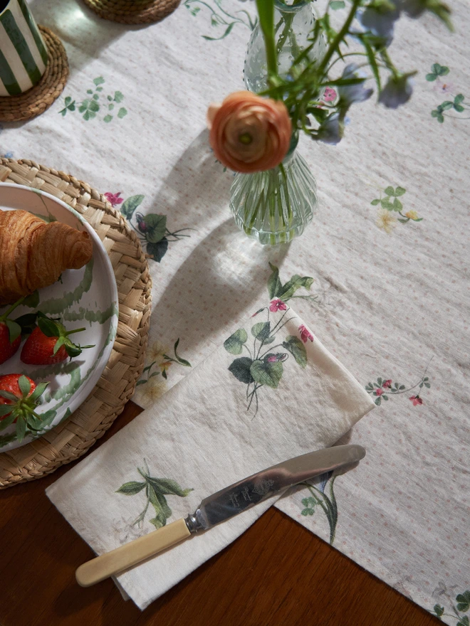 Table linen printed with spring florals