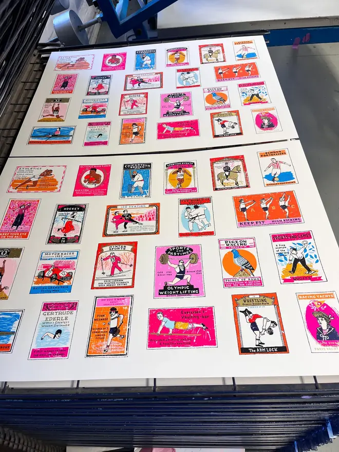 A To Z Of Sport Screenprint Going For Gold, a collection of colourful sport designs on a white screenprint. 