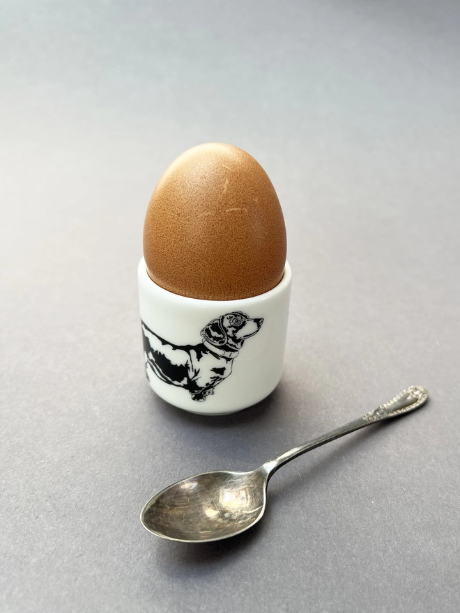 Dachs egg cup with a large egg inside with a silver spoon next to it