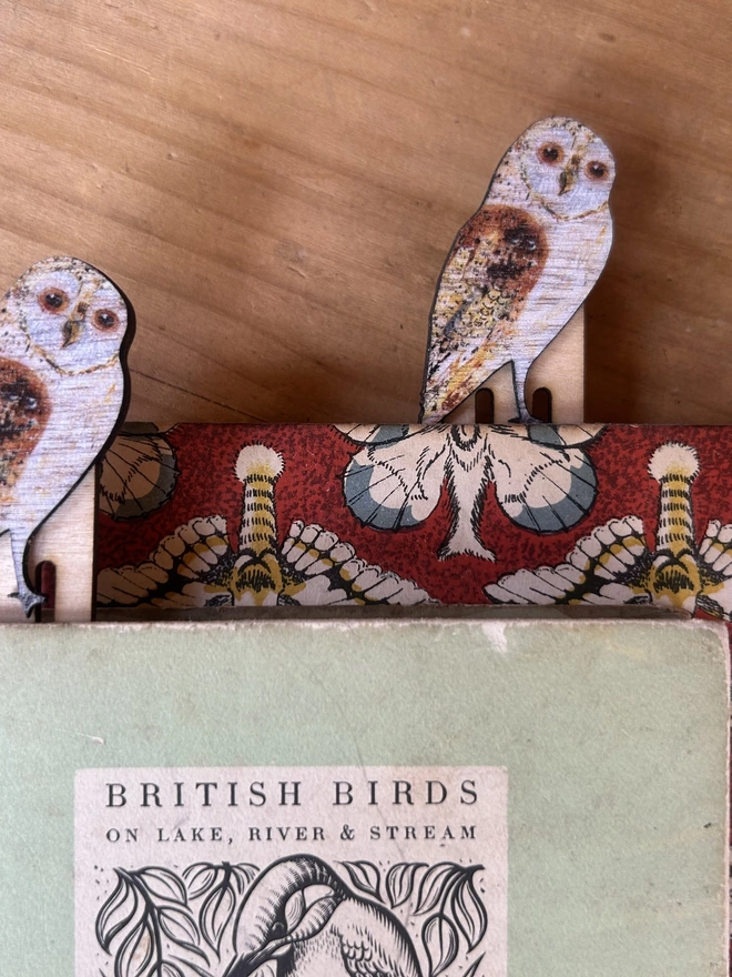 Barn Owl birch plywood paperclip bookmark used in book
