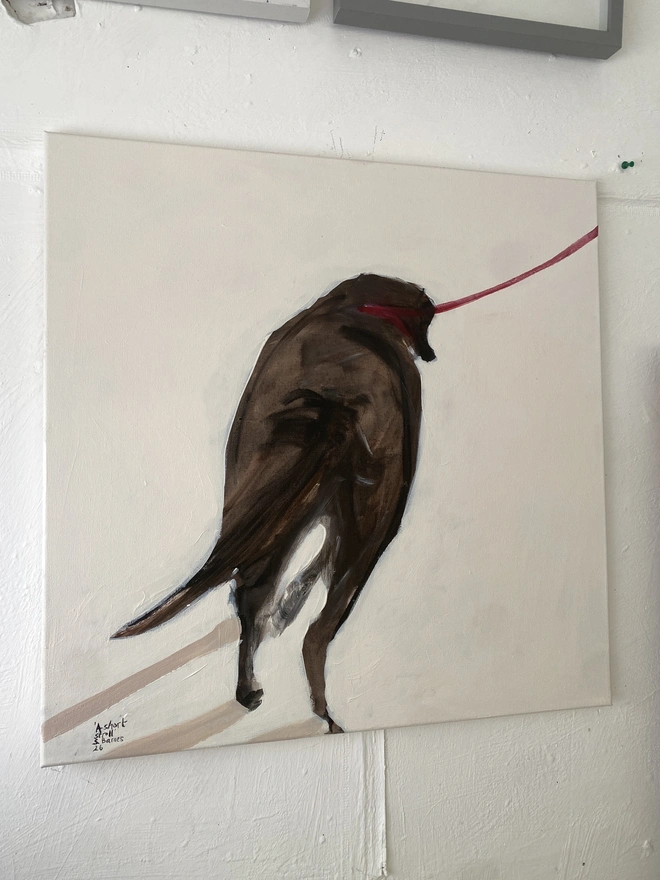 "Original chocolate brown Labrador dog portrait painting titled 'A Short Stroll' by Samantha Barnes."