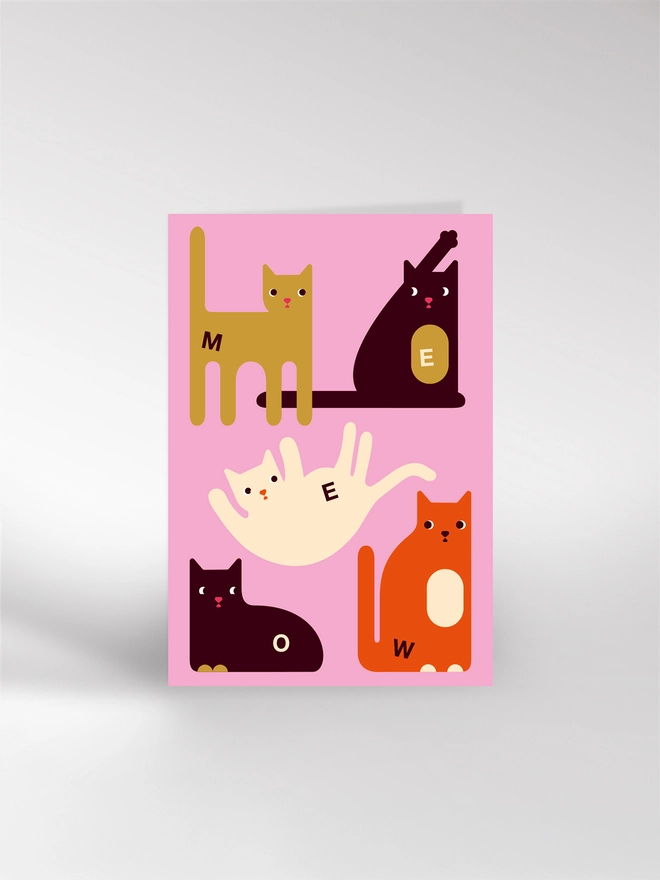 Card featuring 5 different coloured cats spelling out the word MEEOW