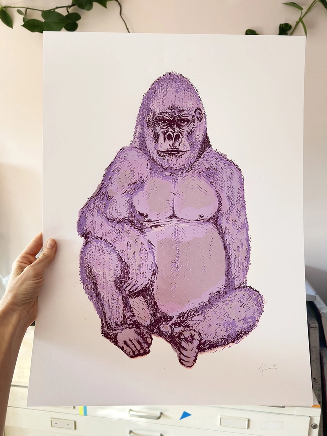 Lilac Shiny Gorilla Screen print by hannah Carvell