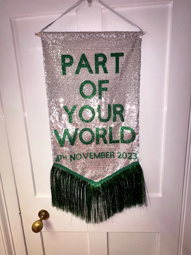 A midi customisable banner hangs from a hook. It has a silver sequin background and a green tinsel trim along the bottom. The text is green and says 'PART OG YOUR WORLD' with a date underneath
