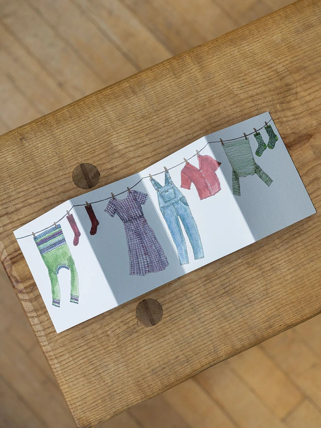 Watercolour Illustration Washing Line Concertina Card 