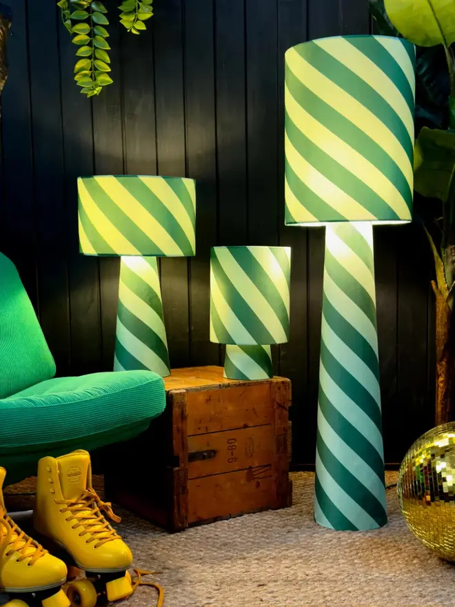 Portable Helter Skelter Velvet Lamps, in a room. 