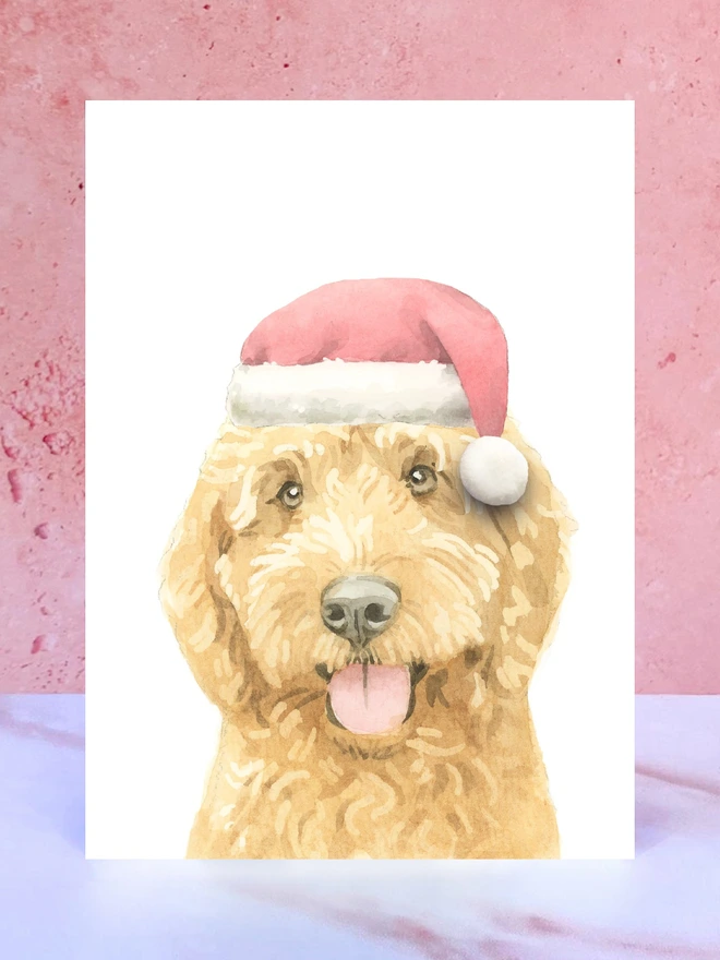 golden cockapoo dog santa hat pompom christmas card