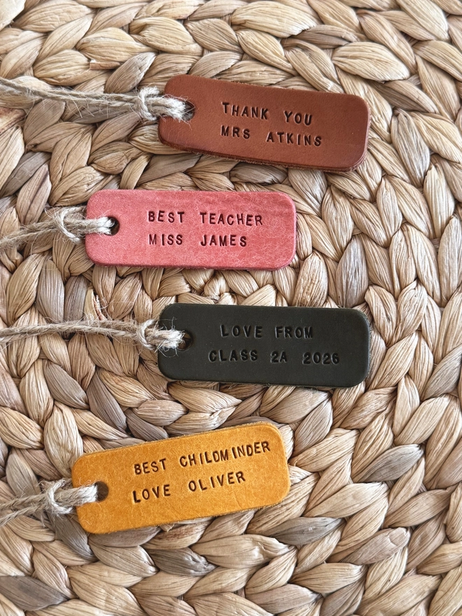 hand stamped leather gift labels for teachers.