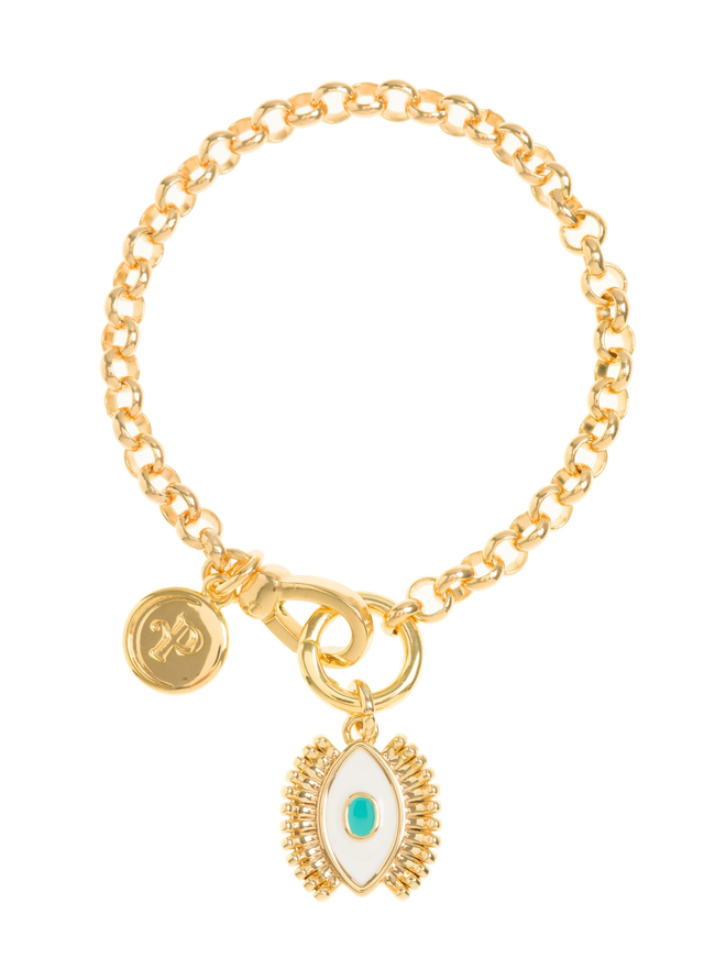 Gold belcher chain bracelet with chunky clasp and a gold, turquoise and white evil eye charm against a white background