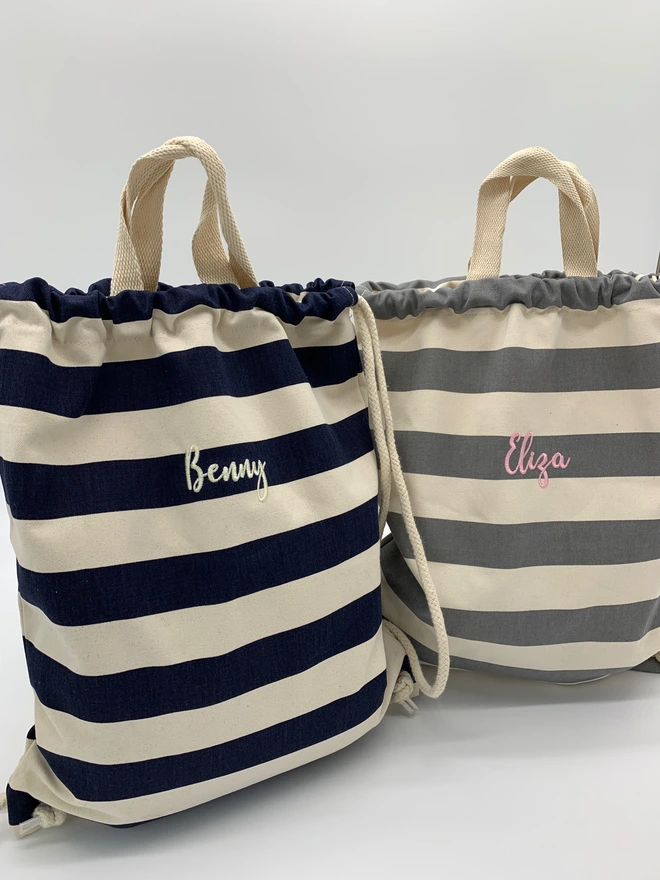 Personalised Organic Cotton Drawstring Bag - Navy and Grey Stripe