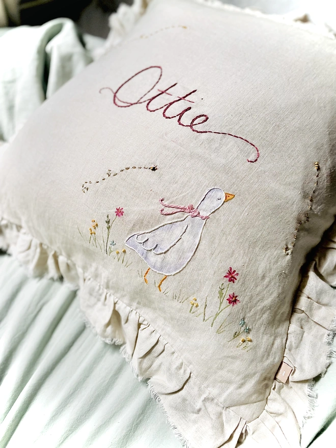 Soft linen personalised cushion - goose floral design - new baby gift blossom and bramble embroidery handmade painted hand embroidered