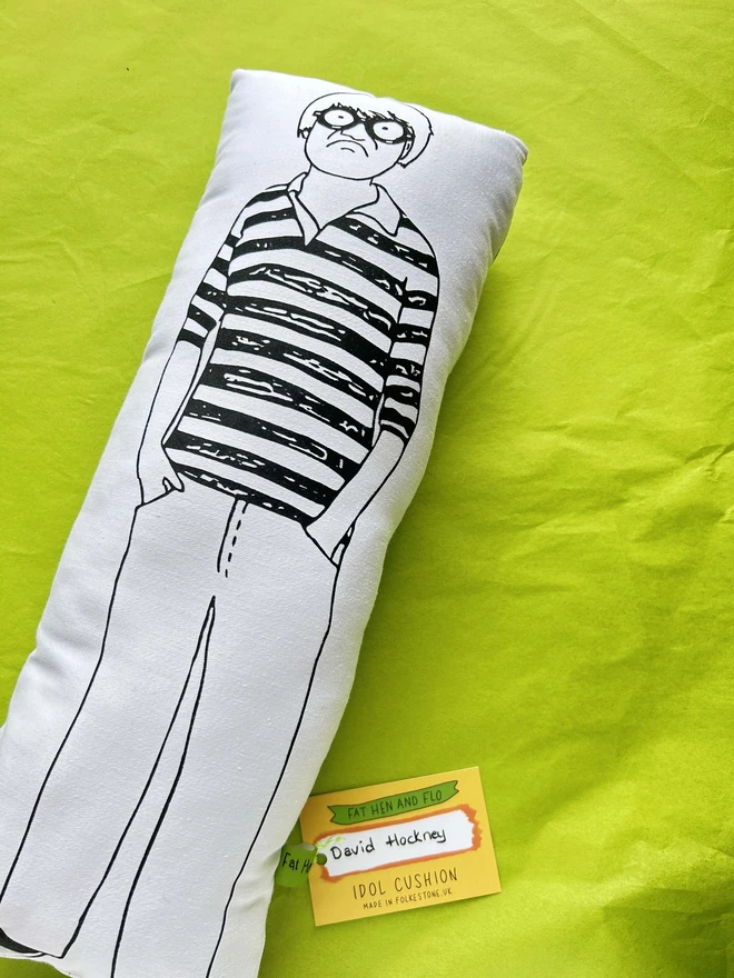 david Hockney idol cushion with label on green tissue paper.