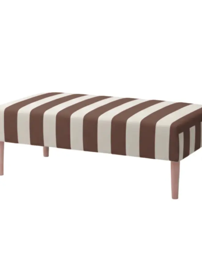 Hand Painted Upholstered Striped Linen Coffee Table Ottoman, mocha coffee table sitting against a white backdrop. 