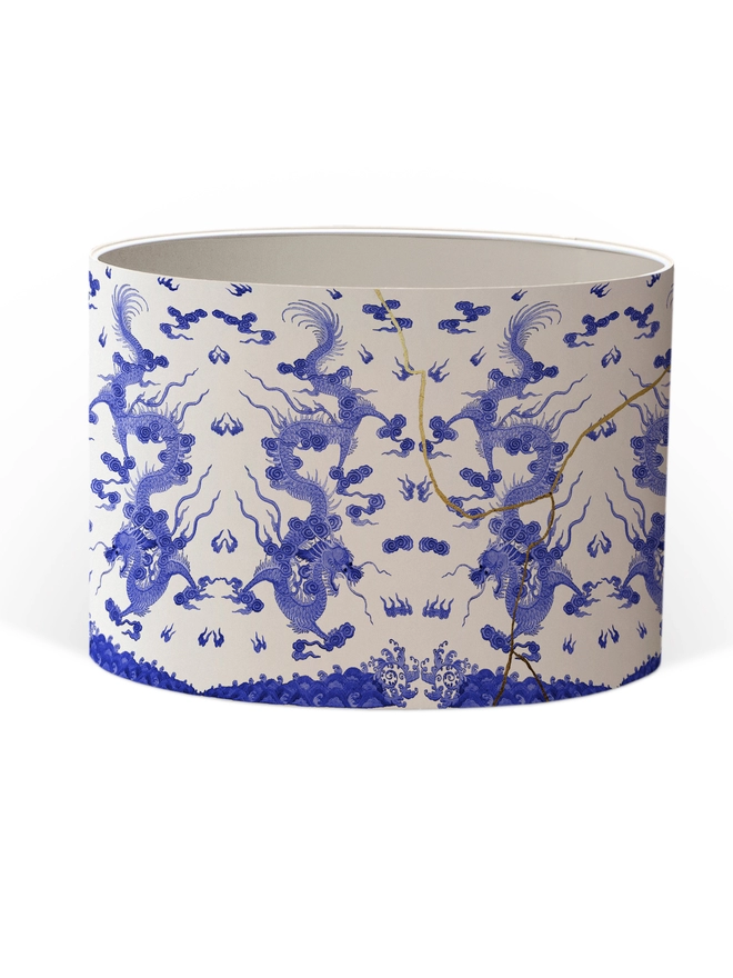 Drum Lampshade blue and white kintsugi inspired featuring Japanese dragons with a white inner on a white background