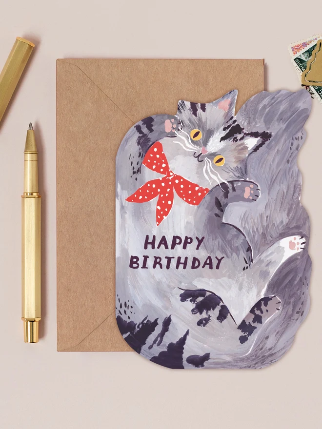 Bandana Cat Birthday Card by Sister Paper Co with a kraft envelope