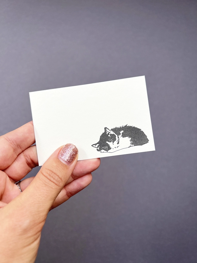 Letterpress tiny note illustrated with a sleeping cat