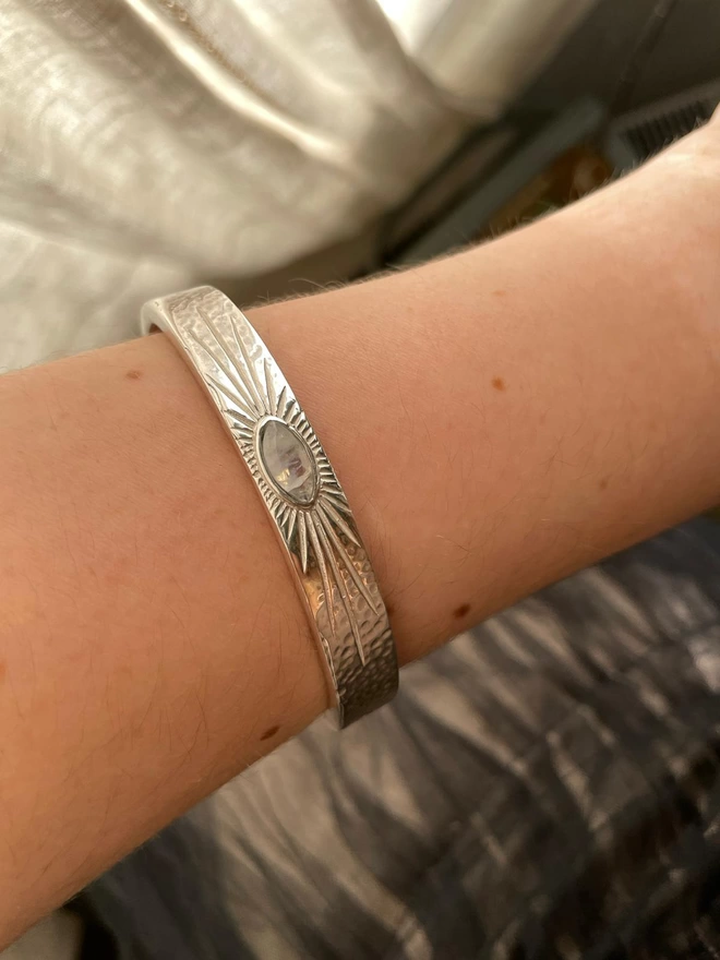 Luna Engraved Moonstone Silver Bracelet Cuff