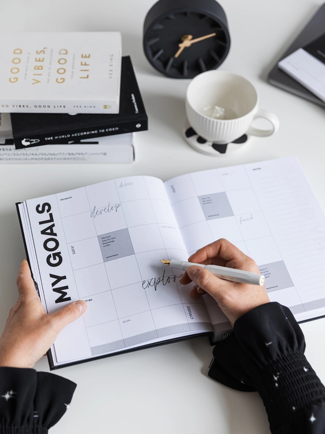 Lady using a white pen to fill in a My Goals page of a HELLO TIME planner.