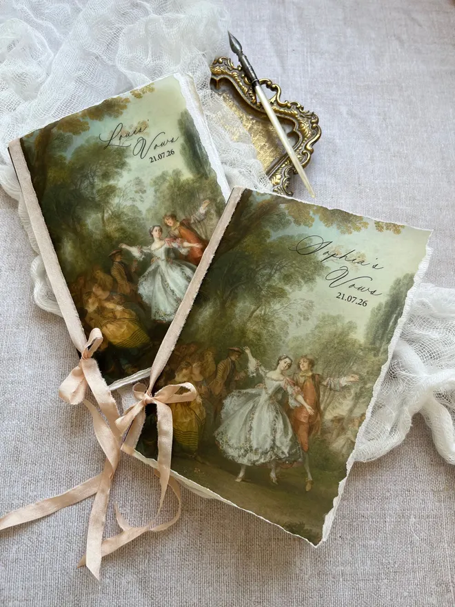 Vow booklets rococo style with an 18th century dance scene