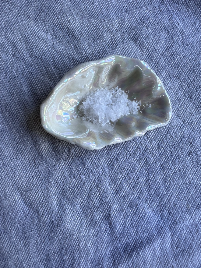 handmade porcelain oyster shell salt and pepper dish with pearl lustre