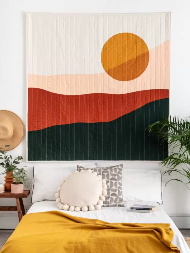 Large Textile Wall Hanging Abstract Mountain Sun Above Bed