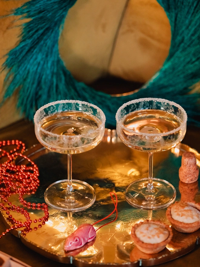 Exotic Floral design crystal coupes Set of 2 with champagne and sugared rim