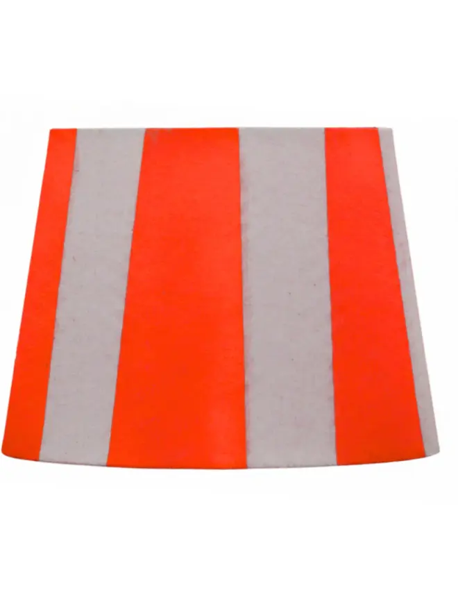 Hand Painted Upcycled Striped Sustainable Drum Lampshade, a neon orange striped lampshade against a white background. 