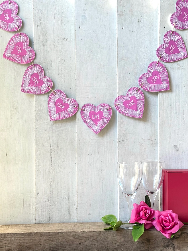 Heart Garland With Love Text Linocut Hanging Decoration