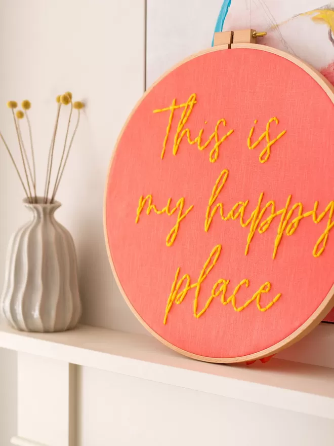 Happy place positive words embroidered art