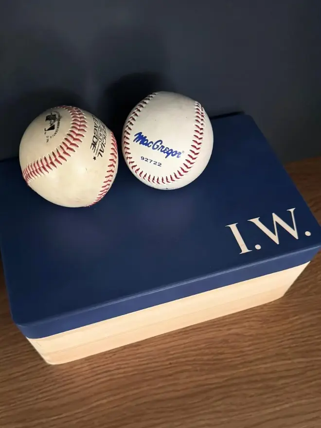 personalised hand-painted initials box. a wooden box with a painted blue lid and initials.
