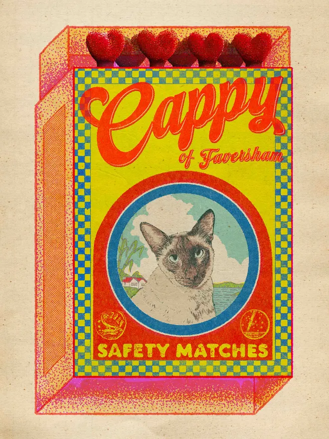 
An illustrated, retro-style matchbox with a bright yellow background and a blue and pink checkered border. The box features a central portrait of a Siamese cat with bright blue eyes, set inside a red oval frame. The cat is shown against a stylized, tropical-looking landscape with a turquoise sky. A large, red, handwritten-style text at the top reads "Cappy," with "of Faversham" in smaller font below it. At the bottom, a red banner reads "SAFETY MATCHES." The match tips on the top of the box are heart-shaped and dark red. The entire image has a grainy, distressed texture.