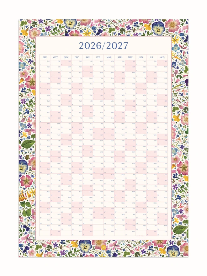 A colourful Pressed Floral Academic Wall Planner for September 2026 - August 2027 - A botanical-inspired year planner with stunning pressed flowers. Ideal for workspace decor, home offices, and studios, and those who love planning and organising. Perfect for educators and those attending school, college or university. 