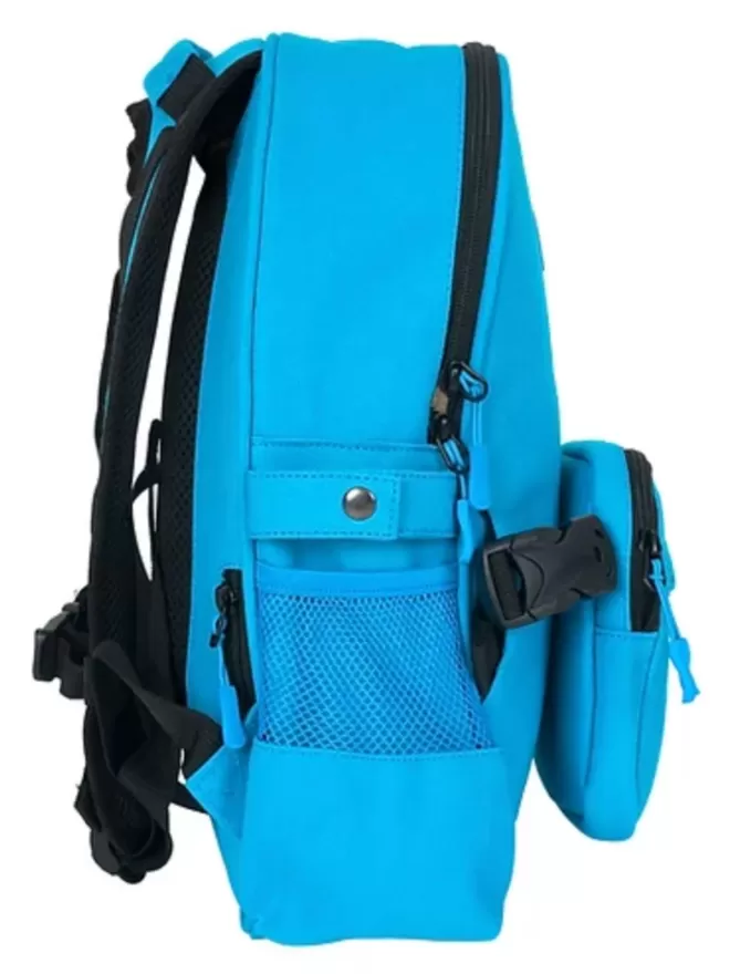 Side view of the blue Beltbackpack. A pocket for a water bottle.