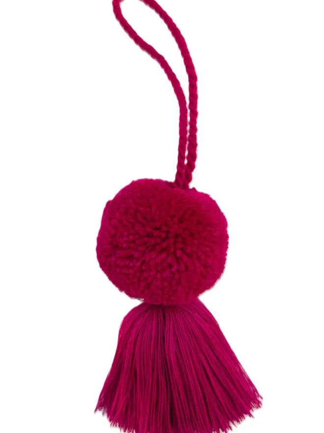 Burgundy Christmas pom pom and tassel bauble decoration 