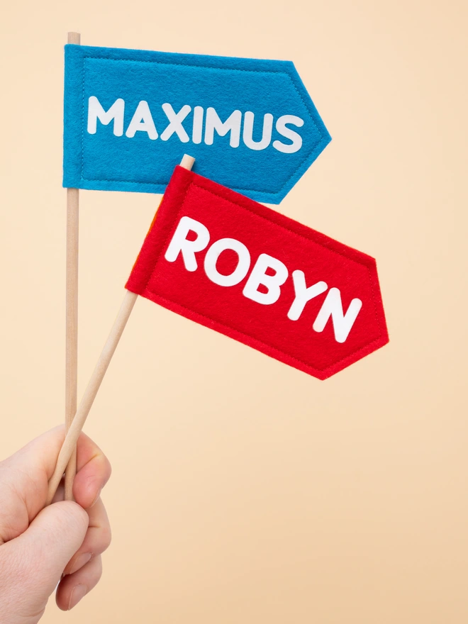 personalised hand held flags in red and blue felt with white lettering