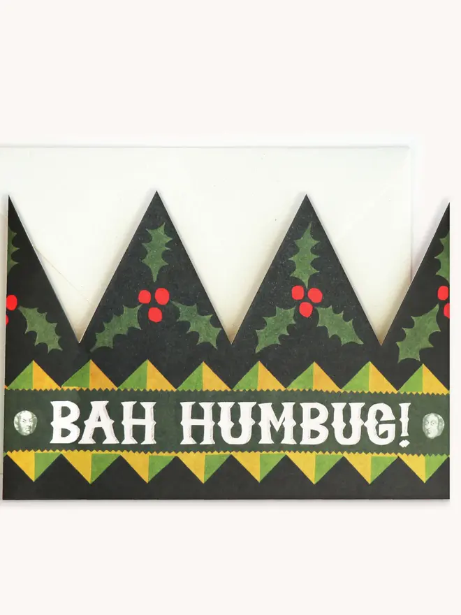 green and red paper crown card with 'bah humbug' text