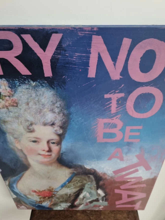 Painted and decoupage art panel featuring an antique portrait of an aristocratic lady and pink wording that reads ‘try not to be a twat’