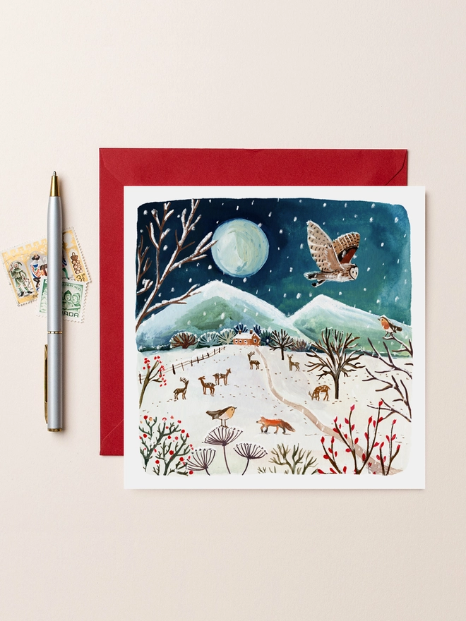 Deers Fox and Owl Scene Blank Christmas Card