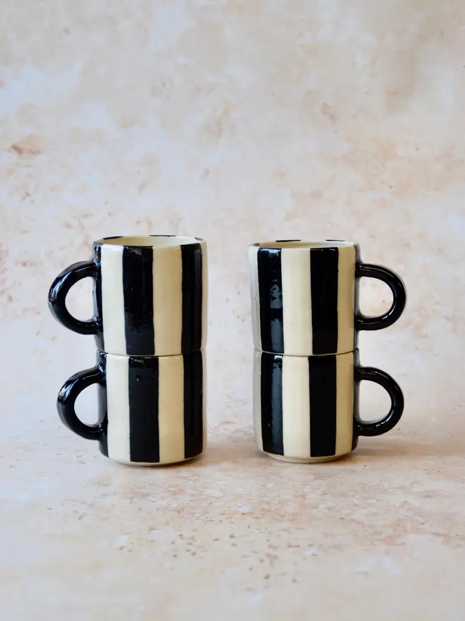 Le Petit Rayé handmade espresso cups stacked - black and cream stripe design